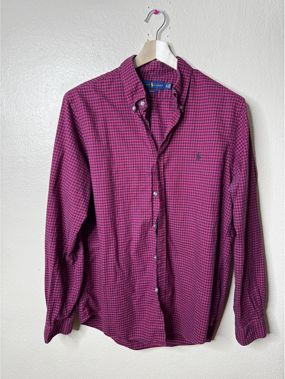 Polo Ralph Lauren Mens XL Slim Fit Red Navy Gingham Long Sleeve Button Up Shirt